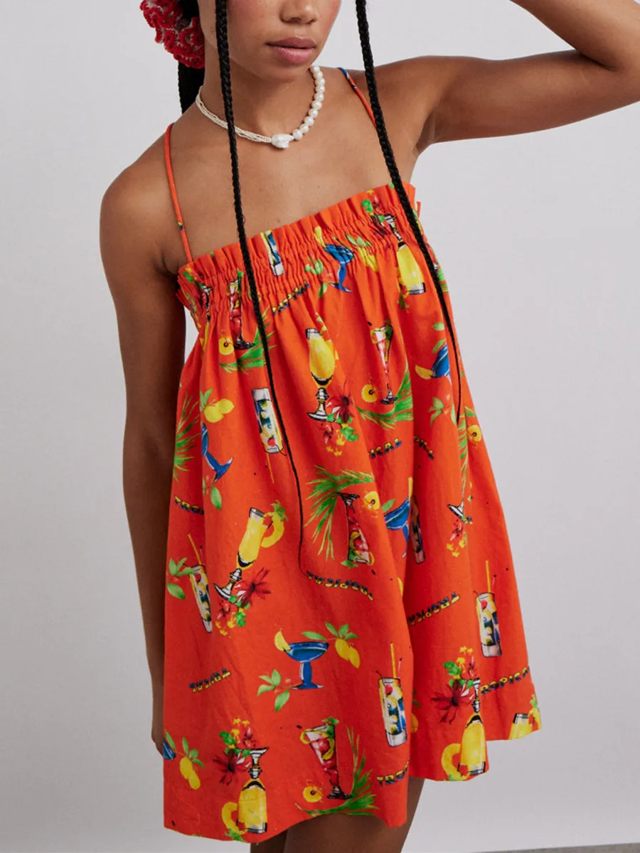 

Women Short Lounge Dress Summer Loose Trendy Print Square Neck Open Back Cross Spaghetti Strap Dress for Beach Vacation Sundress