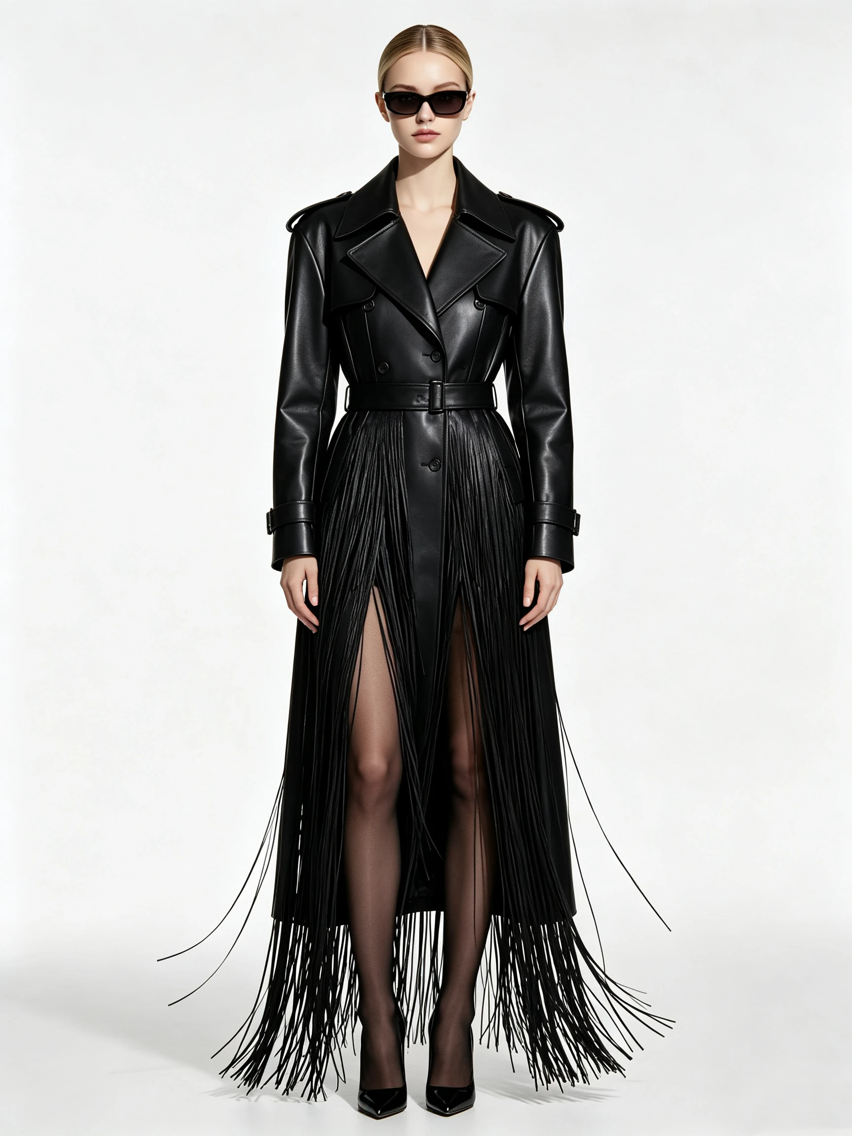Women's Faux Leather Trench Coat with Double-Breasted Design and Long Fringe Detail