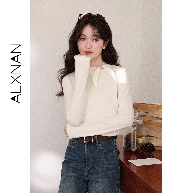 ALXNAN Women's Apricot Fleece-lined T-shirt Unique Bow Neckline Slim Fit Basic Casual Pullover Fashion Long Sleeve Tees L60555