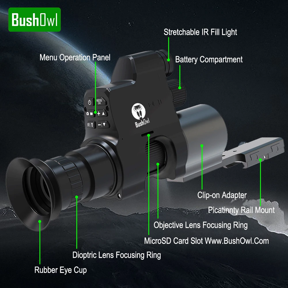 Bushow NV008 Riflescope penglihatan malam, kamera Video IR 1080p inframerah monokular cepat jepit, Crosshair dapat disesuaikan