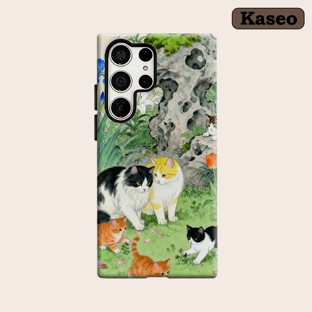 Kaseo Phone Case for Samsung Galaxy S26 S25 Ultra S24 S23 Ultra Plus Shockproof Double Layer Oriental Garden Kittens Cover