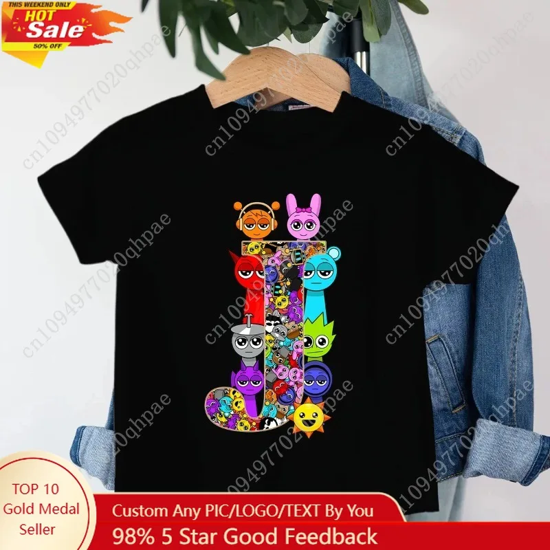 

Sprunki Letter Printed Boy and Girl T-shirt Short Sleeved Fashionable Cotton Y2k Children's T-shirt Children's Clothing