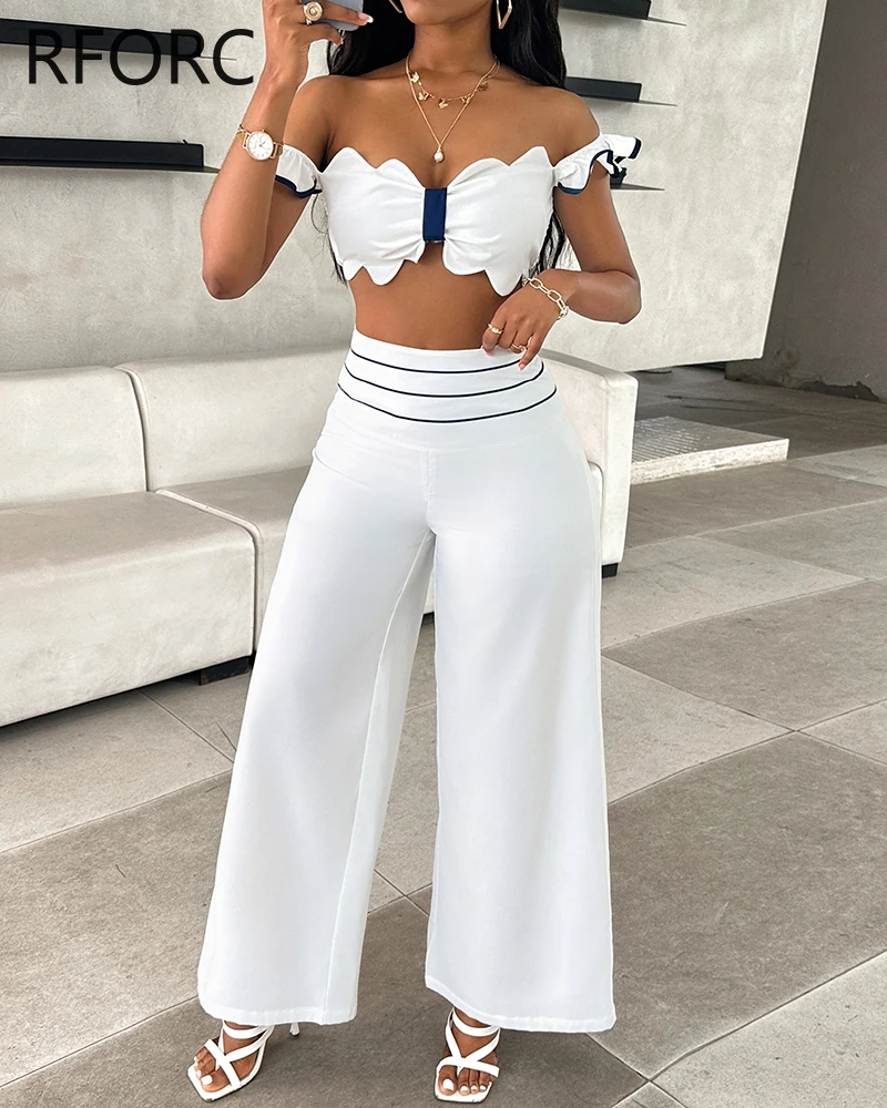 2024 Women Elegant Off Shoulder Crop Top & Straight Pants Two Pieces Sexy Working Pants Set