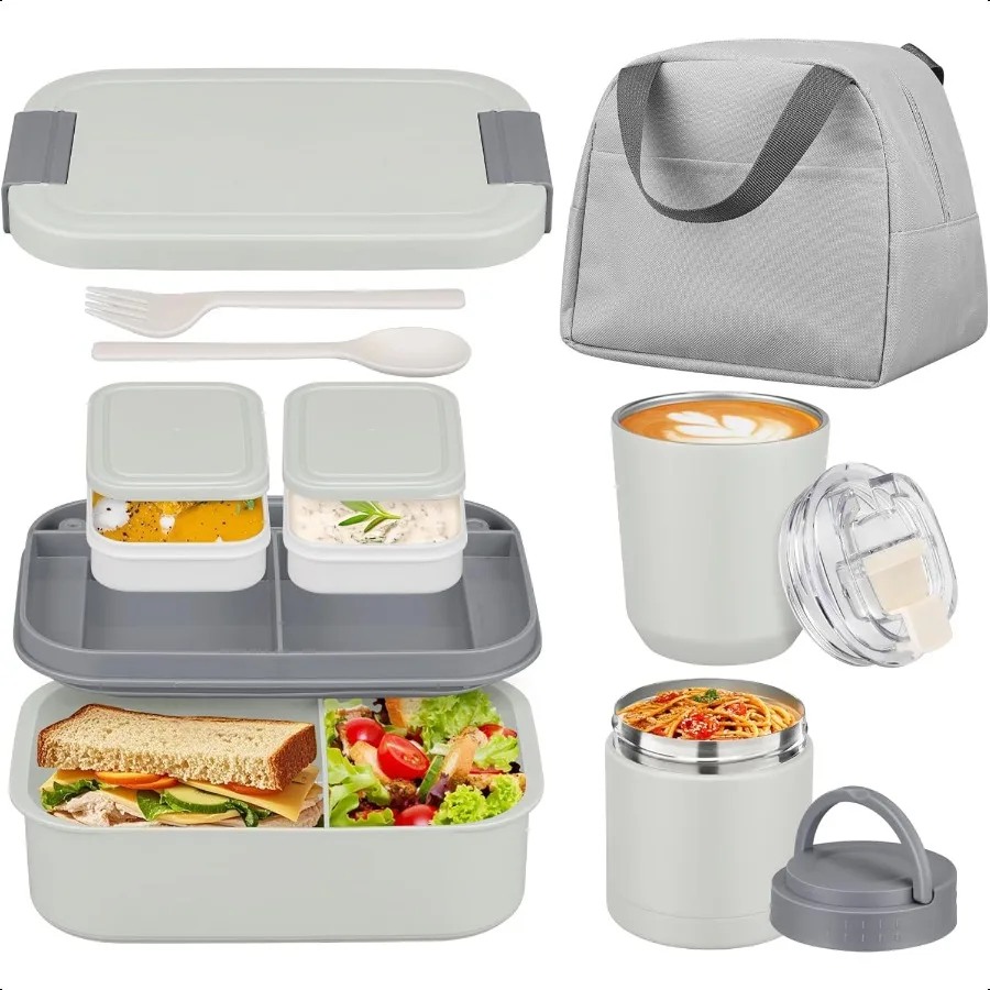 

Large Bento Lunch Box Set for Adults Women with 10.5oz Soup ThermoCoffee Tumblers Men Girls Boys Teenagers LeakProof Lunch Food