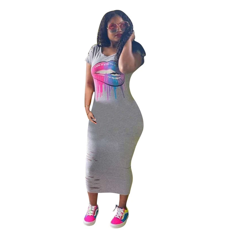 Casual verão vestido feminino 2022 manga curta impressão em torno do pescoço buraco bainha magro bodycon vestido longo streetwear preto t camisa vestido