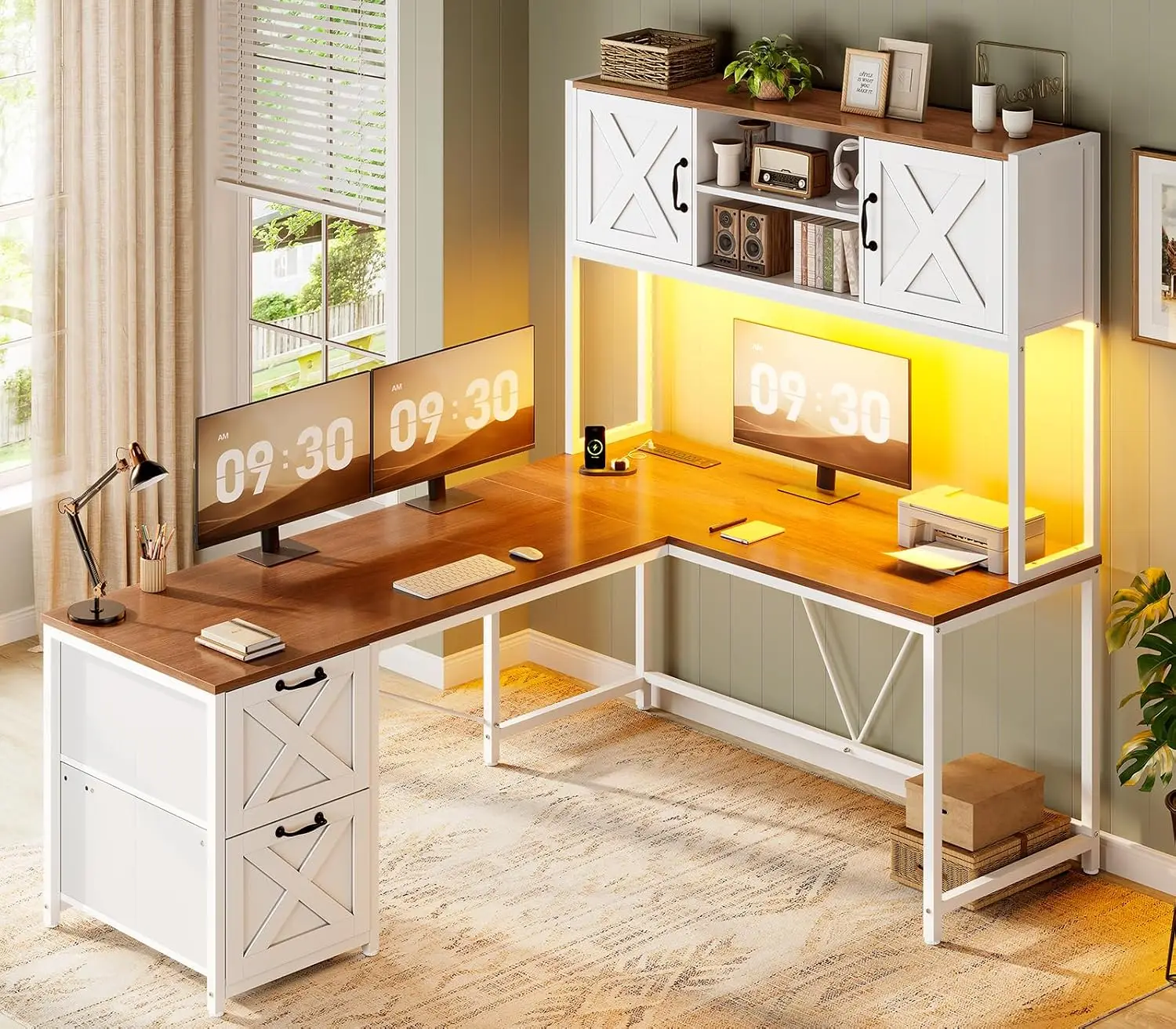 Reversible L Shaped Computer Desk with Drawers Hutch LED Light Storage Shelves Home Office Two Person White, Customized