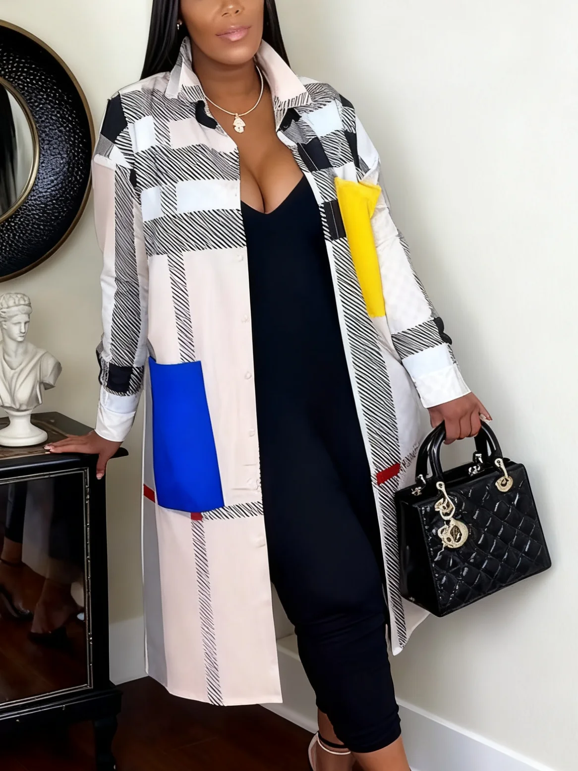 

Fashionable long printed striped color-blocked coat for women.