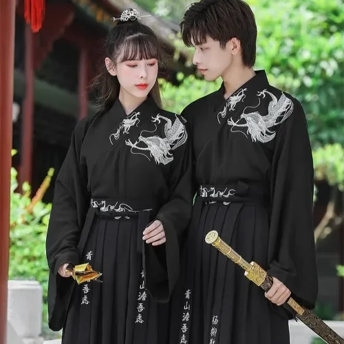 ชุด Hanfu คู่แบบจีนดั้งเดิมสำหรับผู้หญิงชุดชุดฮาโลวีน Hanfu ปักมังกรดำ5XL ขนาดพิเศษ