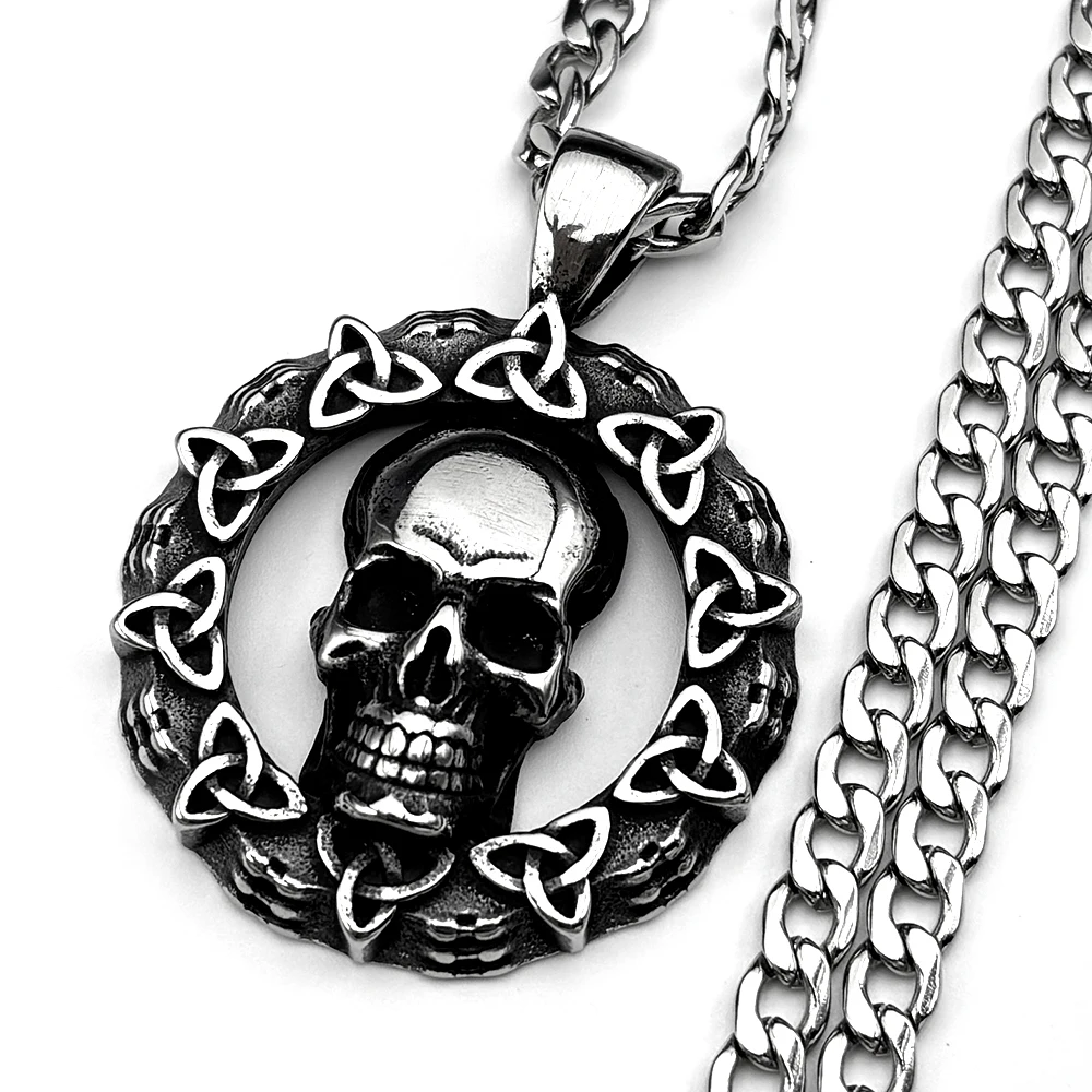 

Gothic Punk 316L Stainless Steel Celtic Knot Triquetra Trinity Skull Pendant Necklace For Men Silver Color Chain Biker Jewelry