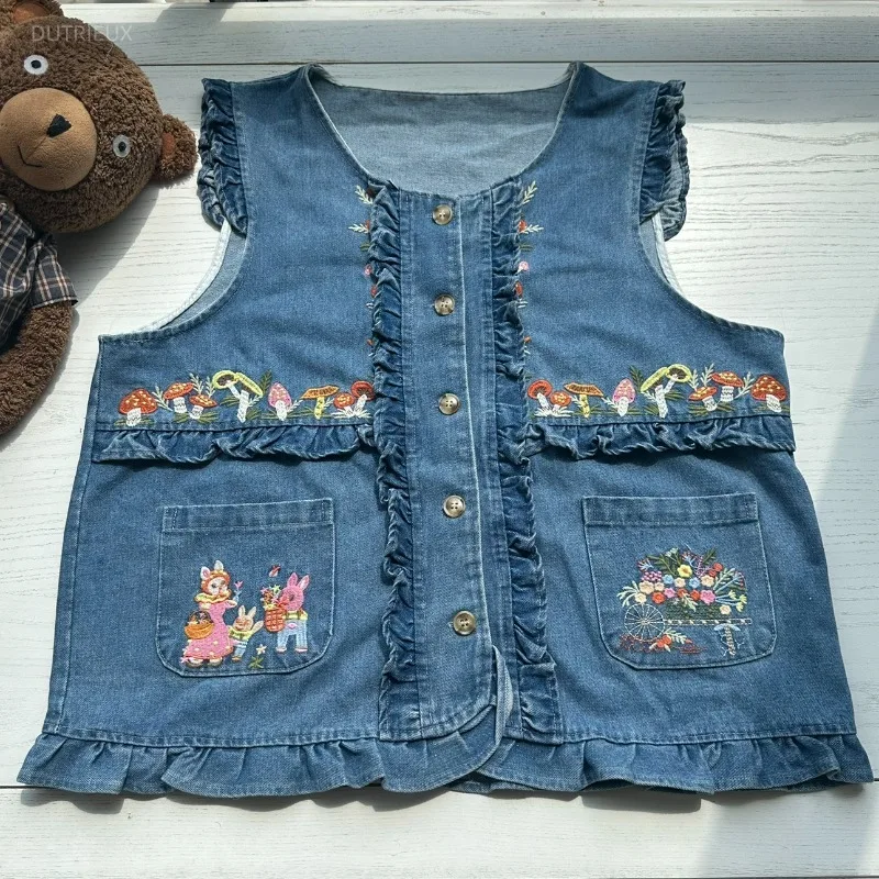 Harajuku Japanese Fresh Sleeveless Jean Vest Sweet Splied Cute Fungus Edge Cartoon Embroidery Camis Y2k Preppy Casual Clothes