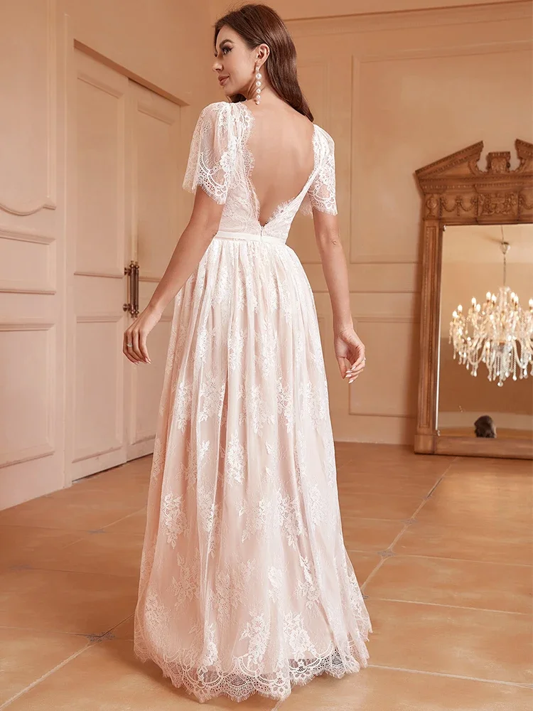 2024 Spring Summer Women\'s Pink Lining White Lace Backless Wedding Bridesmaid Dress Long Vestidos De Fiesta