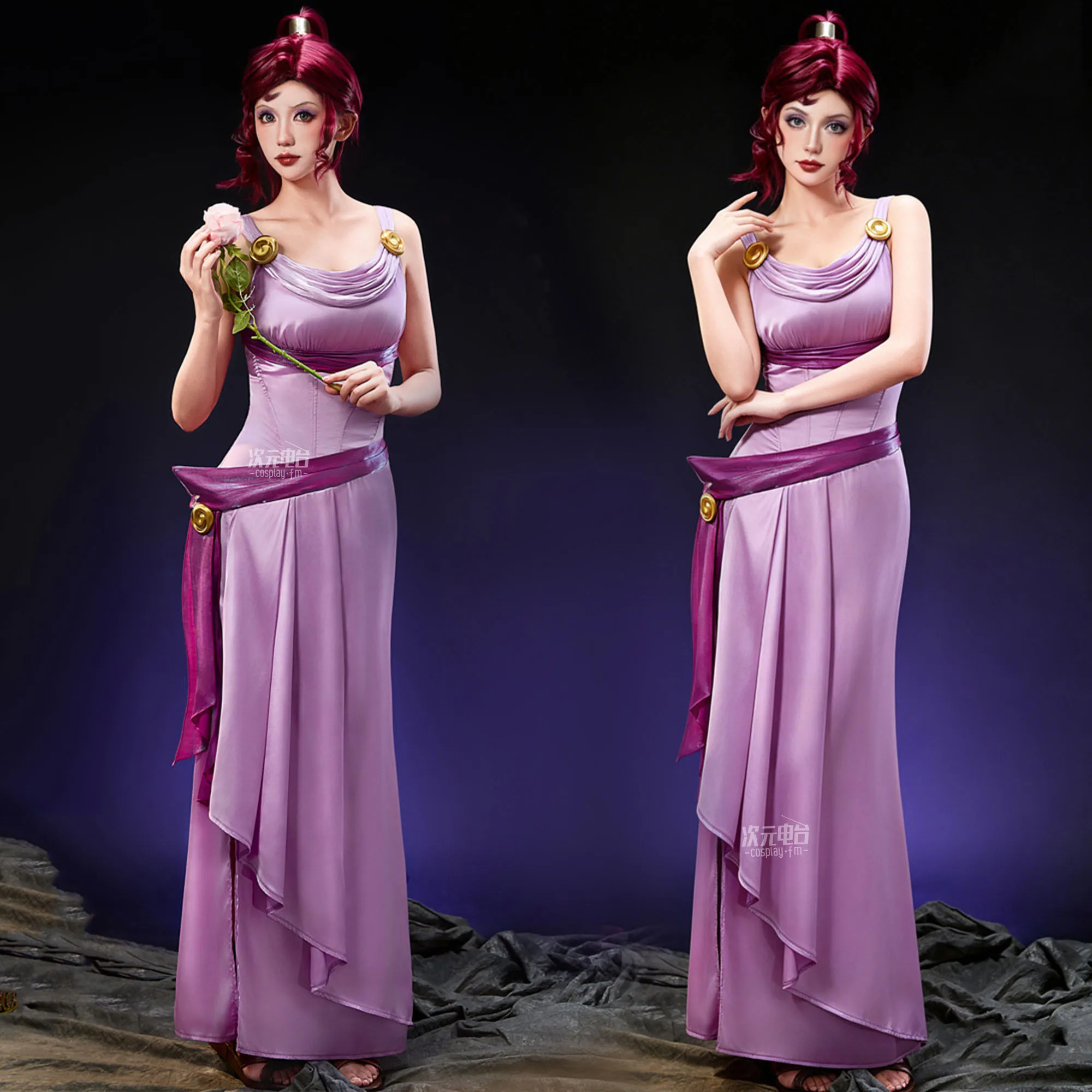 Disfraces de Cosplay de la Princesa Megara de Anime, Vestido de Fiesta Morado sin Mangas para Mujer, Ropa Sexy para Halloween, Carnaval y Actuaciones Escénicas