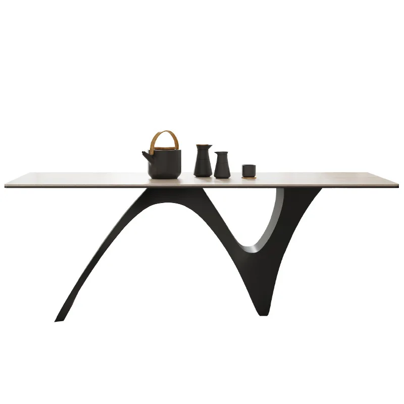 

French Medium Dining Table and Chairs Home Rectangular Modern Simple Light Luxury Travertine