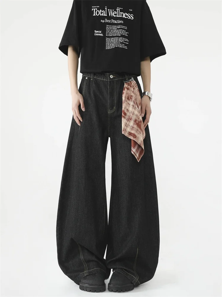 

American Style Knife Jeans Men's Clean Fit Street Fashion Color Block Scarf Wide Leg Floor Length Trousers