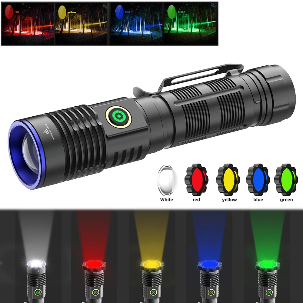 Imagem -01 - Zoomable Liga de Alumínio Lanterna Tocha Tampa Leve Camping Caminhadas Pesca Caça Cores Branco Vermelho Verde Azul Amarelo 30w zoomable liga de aluminio lanterna tocha tampa leve camping caminhadas pesca caca cores branco vermelho verde azul amarelo 30w 01