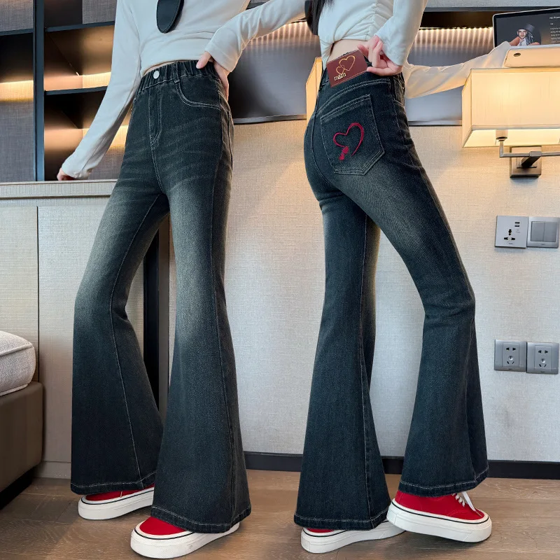 

Джинсовые брюки-клеш для девочек, Модные Винтажные повседневные брюки для подростков и школьников, приталенные, для осени, 10, 12, 14 лет