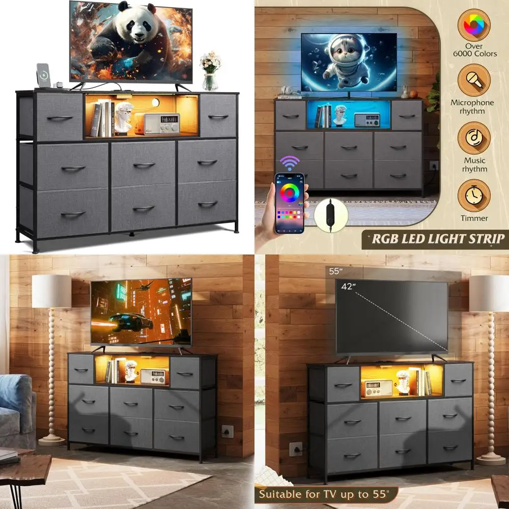 مركز ترفيه مضاء بإضاءة LED مع محطة شحن، وطاولة وحدة تحكم وسائط التلفزيون لأجهزة التلفاز مقاس 45-55 بوصة