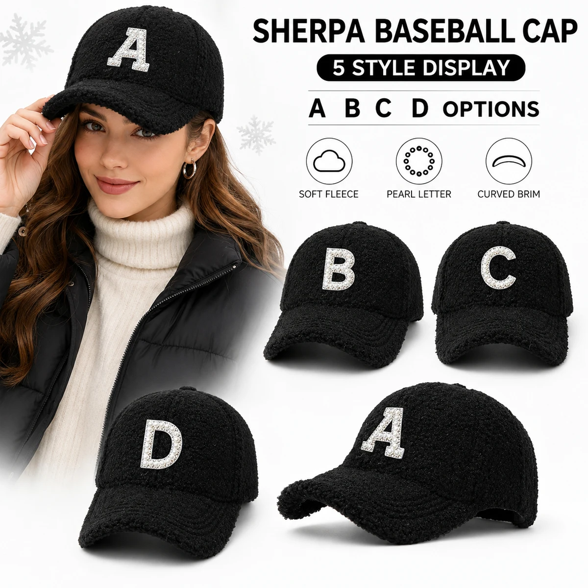 Women 26 Letters Baseball Cap, Black Faux Fleece Hat with Pearl Rhinestone Letter A-Z Patch, Cozy Adjustable Winter Cap