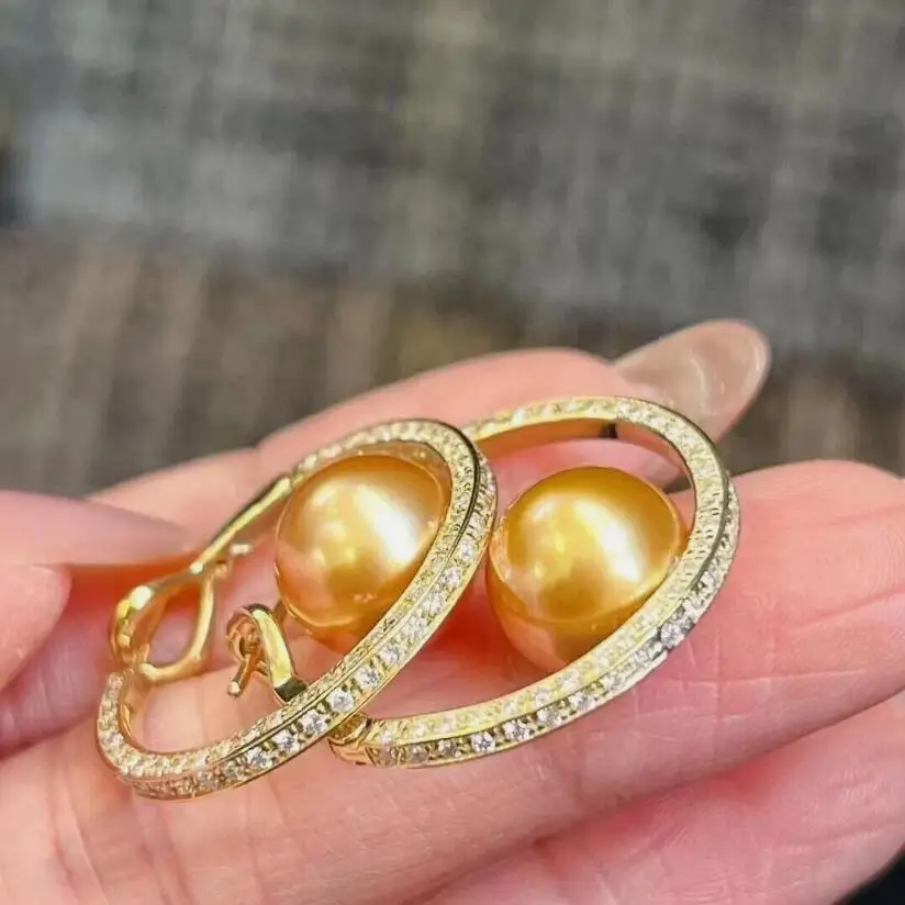 

gorgeous 9-10mm south sea round gold pearl dangle earring 925s