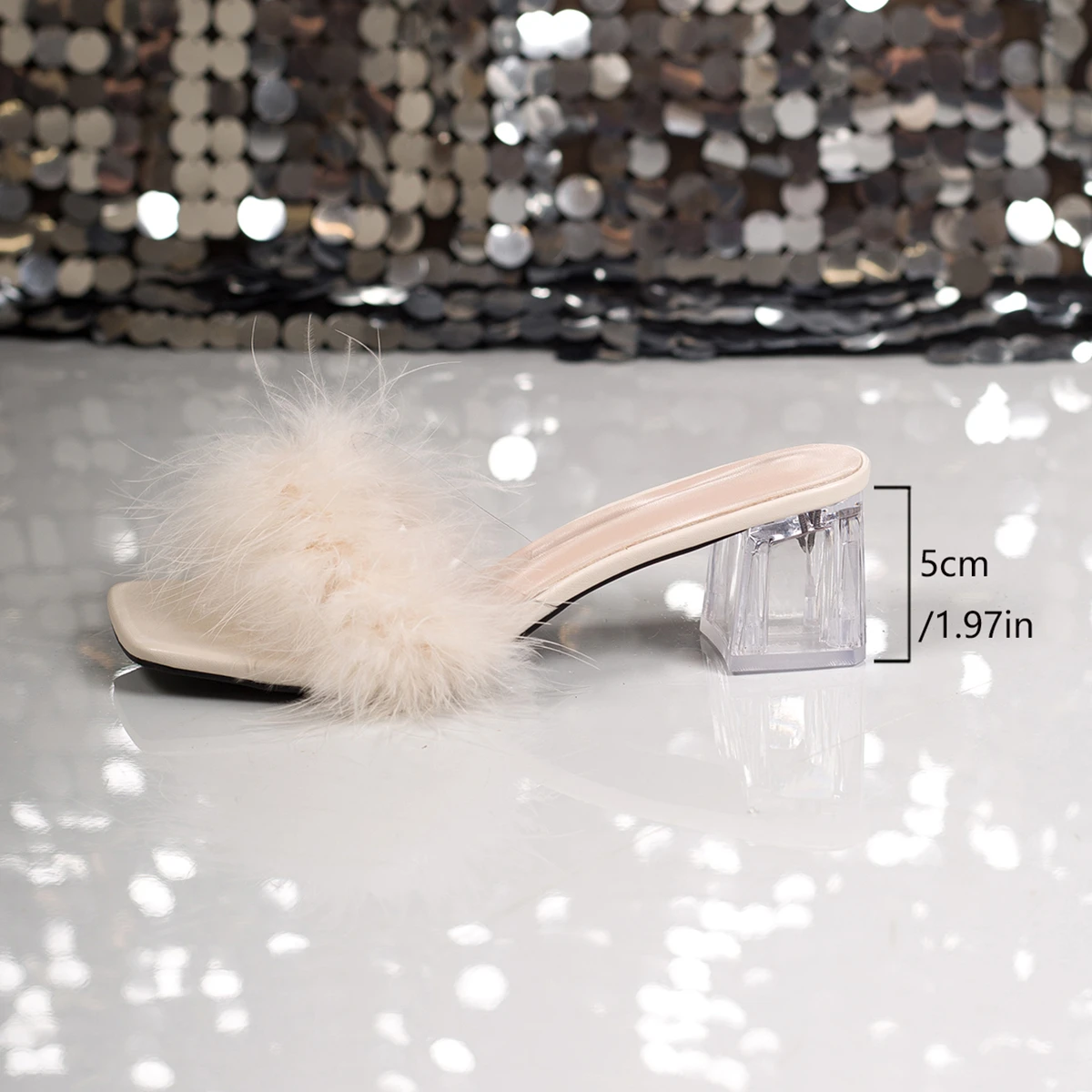 `Women Square Toe Faux Fur Feather Clear Block Heel Slide Mules Slip‑On Party Club Dress Heeled Slippers Large Size` view 3