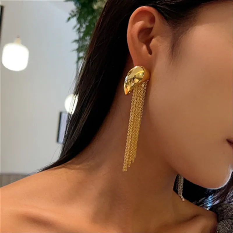 XIALUOKE Metallic Geometric Long Tassel Earrings For Women European American Style Multilayer Chain Earrings Accessories