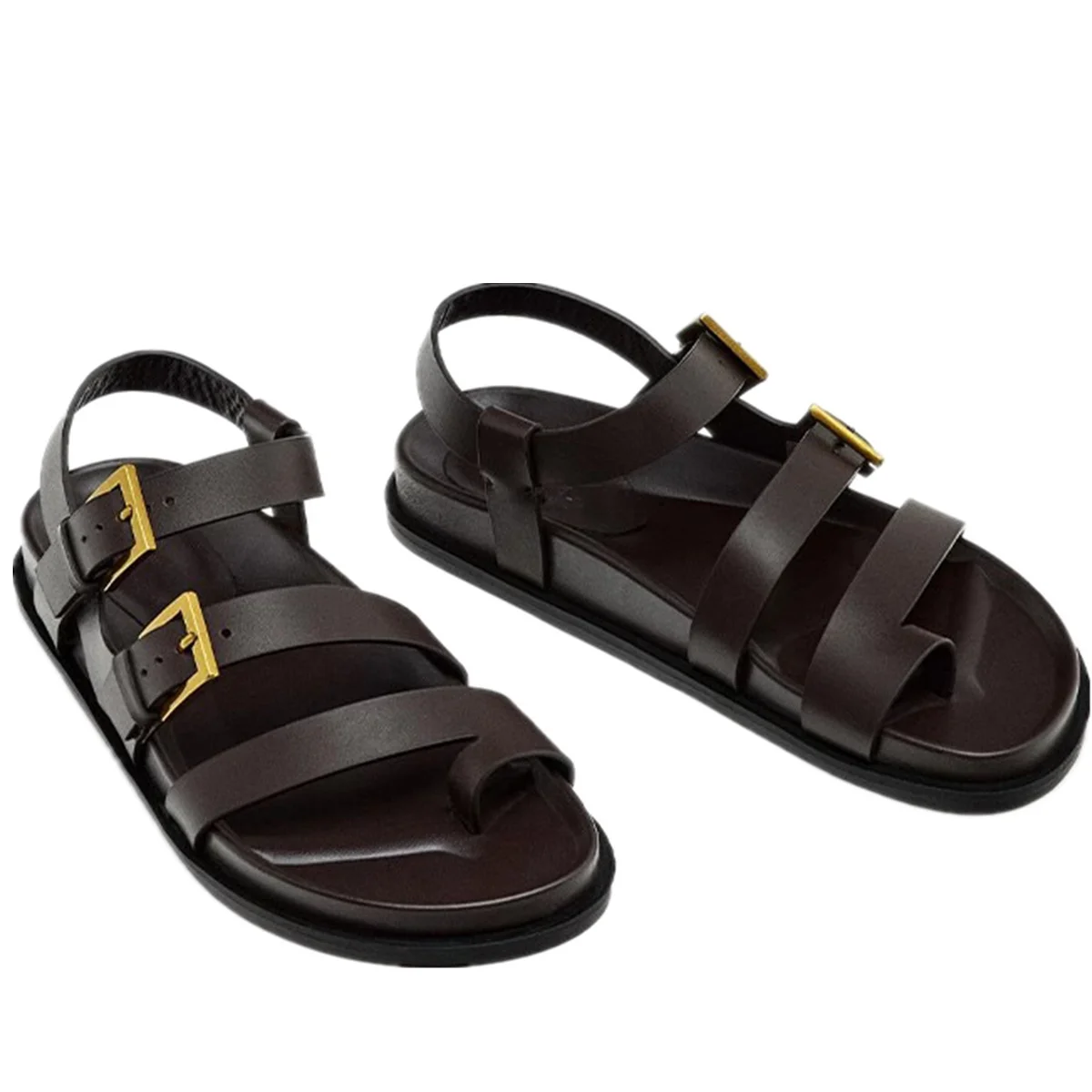 

Withered Minimalist Genuine Leather Flat Sandals Roman Thick-soled Sandals Fashion Retro Casual Sandals Beach Shoes Women