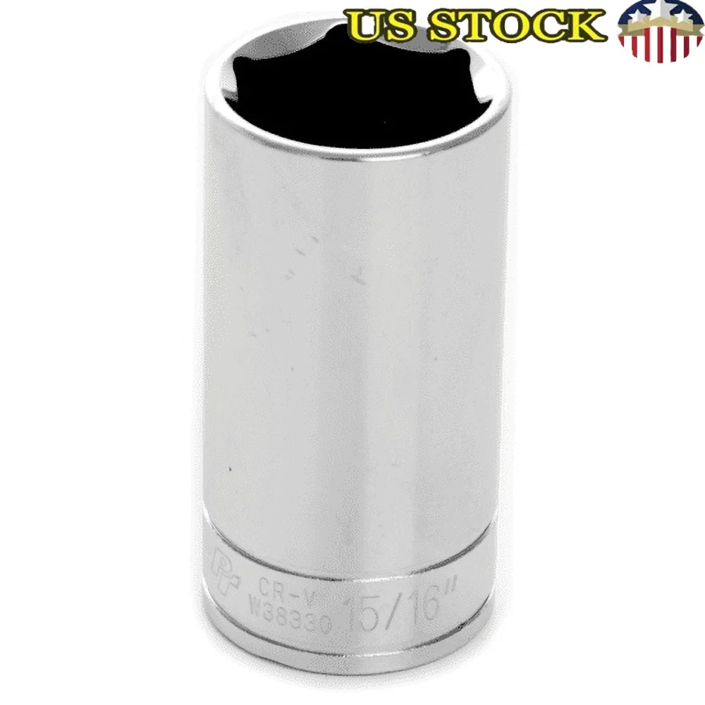 Deep Socket 15/16 Inch Chrome Vanadium Steel Corrosion Resistant Polished Finish Recessed Edges Fastener Rounding Prevention