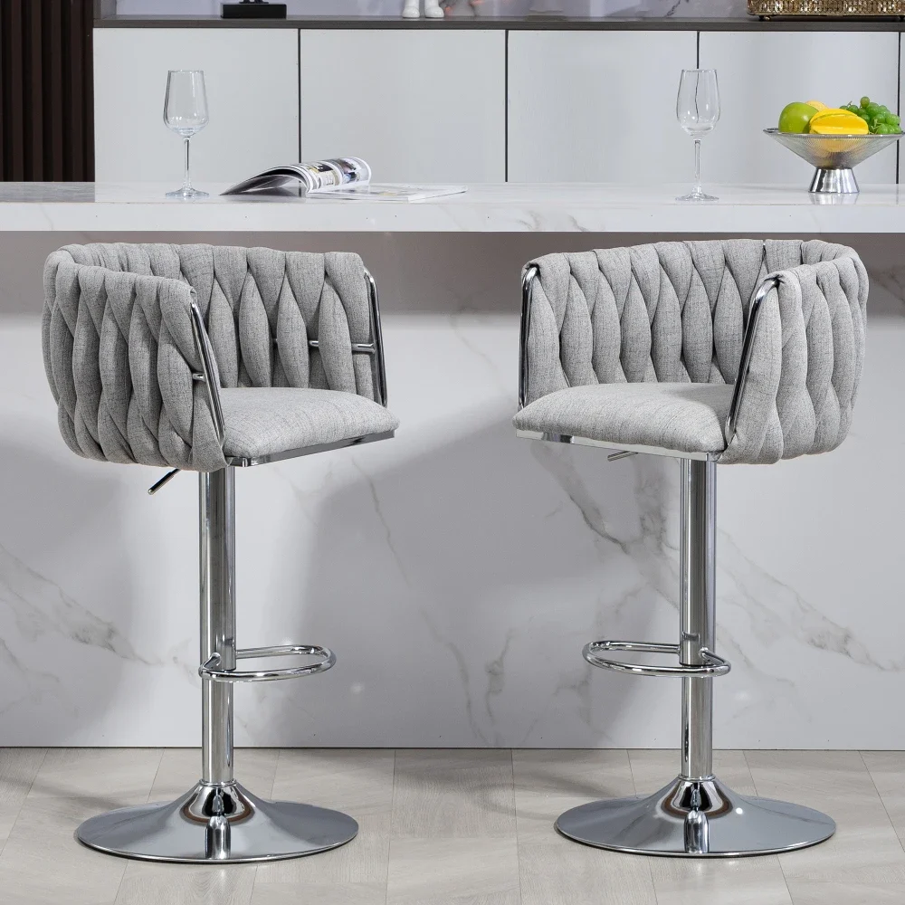 360° Swivel Bar Stools Set of 2, Height Bar Chairs with Woven Back Footrest,chromed Bar Stools Kitchen Cafe Pub Gray Stool Chair