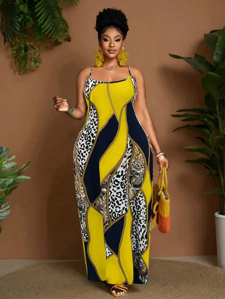Plus Size Sleeveless Maxi Dress With Abstract Pink Color Block Design view 3