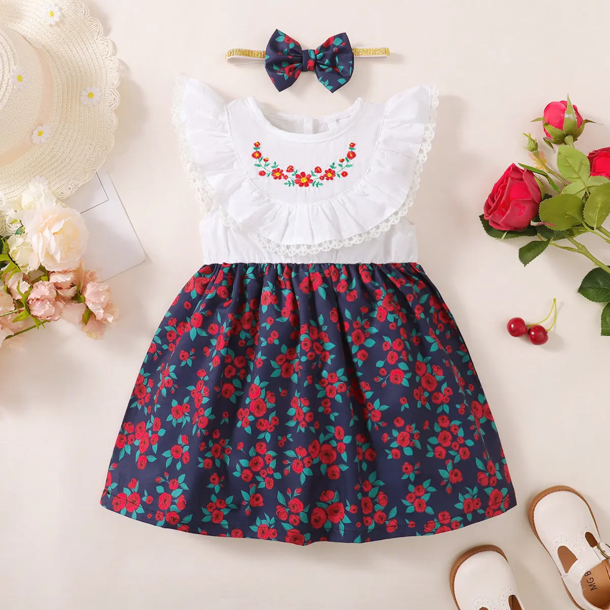 2PCS Toddler Baby Girls Floral Dress Summer Short Sleeve Skirts+Headband Birthday Party Clothing for Children Girls 1-6 Years