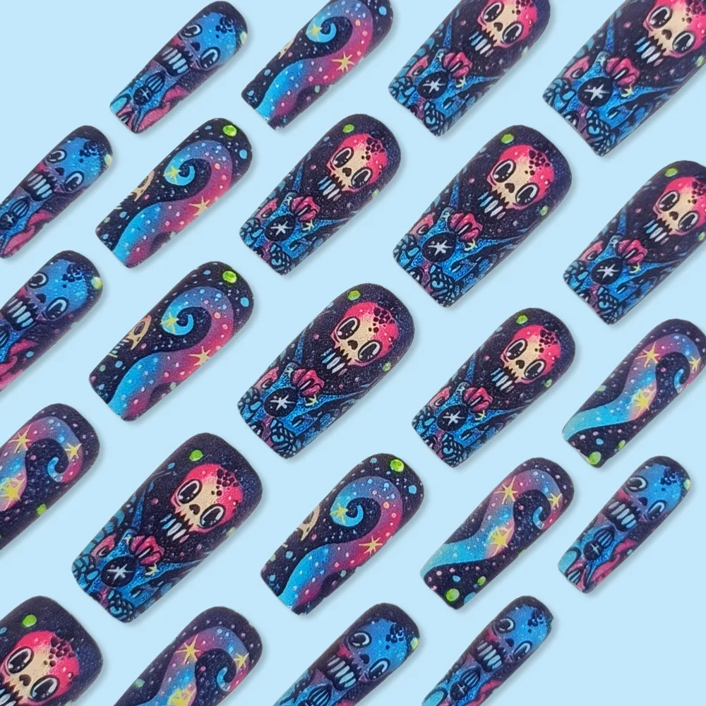24 stuks Halloween Ghost lange vierkante kunstnagels draagbare Franse ballerina nepnagels druk op volledige dekking manicure nageltips