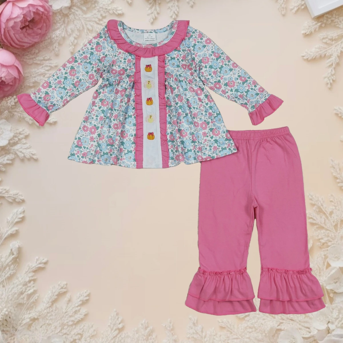 

Boutique Toddler Embroidery Baby Girls Thanksgiving Turkey Pumpkins Tunic Ruffle Pant Clothes Sets Soft Kids Fall Winter Outfits