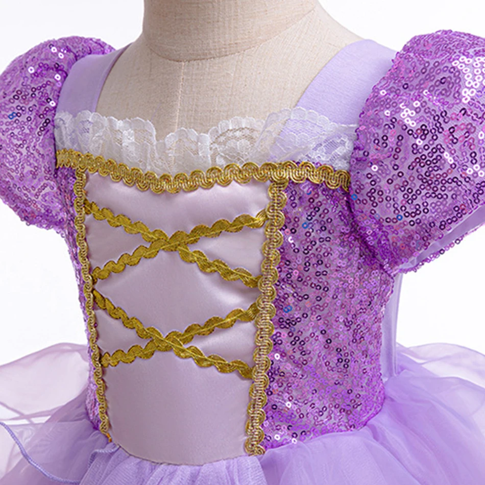 Rapunzel Cosplay Princess Dress para meninas, traje de lantejoula para crianças, vestido de baile para crianças, fantasia para o Carnaval, aniversário e casamento