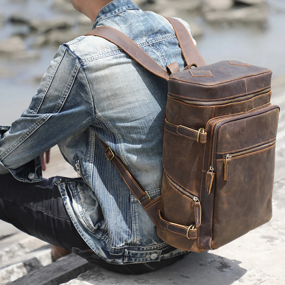 Vintage Echtleder-Rucksack, Laptop-Tasche, Crazy-Horse-Leder-Schultasche, Outdoor-Reise-Weekender-Umhängetasche – Detail 4