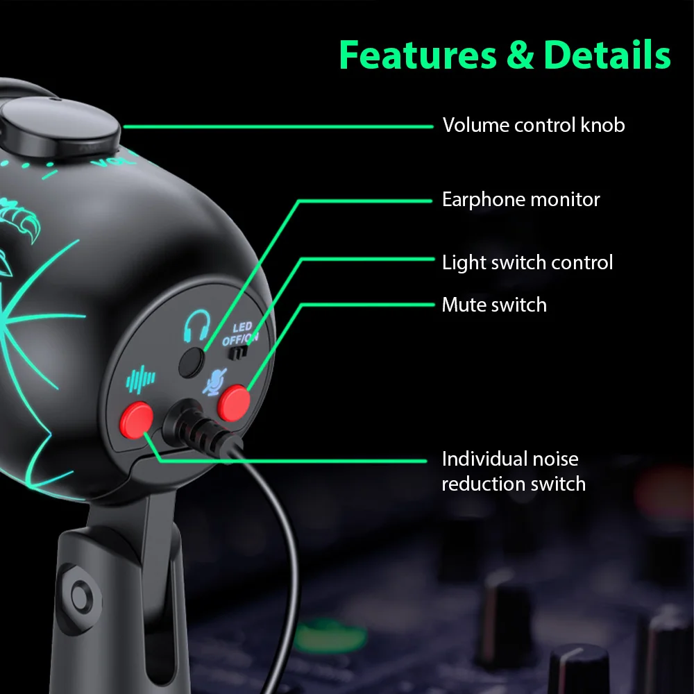 ميكروفون مكثف تقليل الضوضاء V5 لأجهزة الكمبيوتر المحمول ، ميكروفون الألعاب ، تسجيل الكمبيوتر المحمول ، البث المباشر ، الكاريوكي ، مكثف RGB المتوهج #5