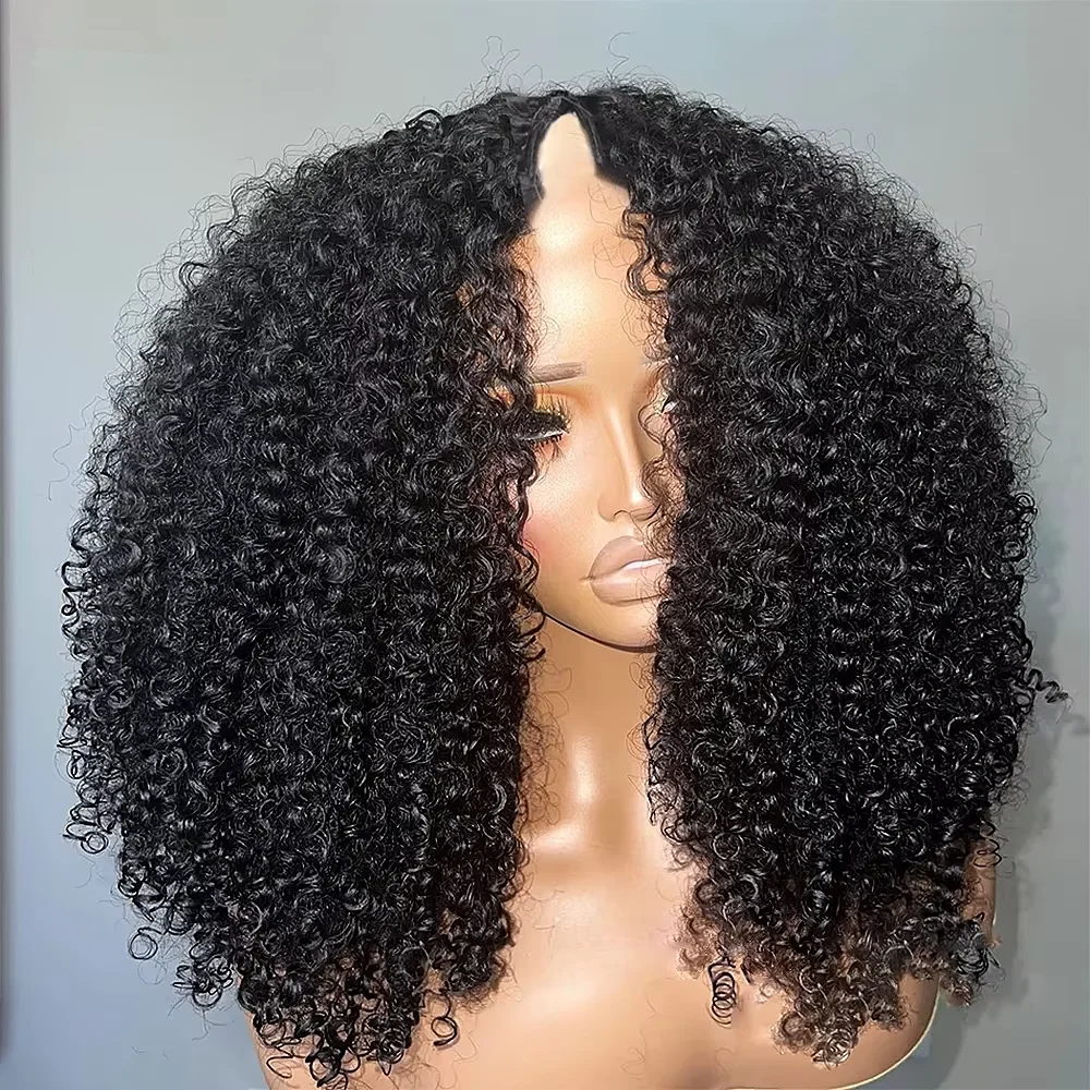 200% Drawstring V Part Wig Burmese Curly Human Hair Wigs No Leave Out Thin Part Beginner Friendly Glueless Wear Go Wig For Women