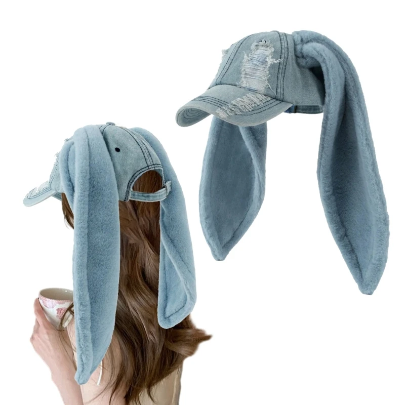 

Adult Teens Distressed Baseball Cap with Long Rabbit Ears Women Girls Subculture Spring Summer Hat Casual Outdoor Sunproof Hat