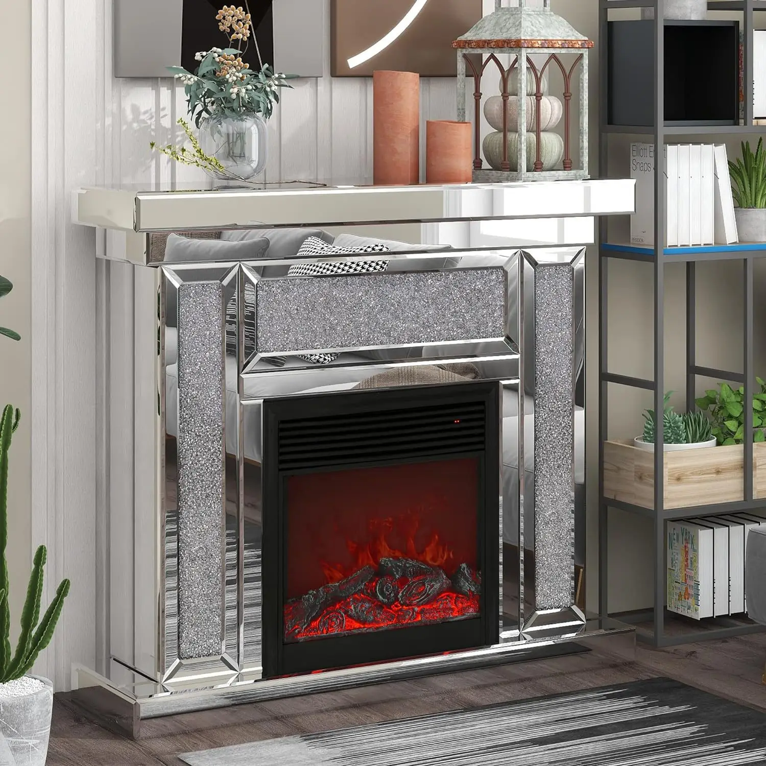 Silver smart remote control mirror electric fireplace TV bracket, crystal broken diamond decoration, with 3D real flame effect