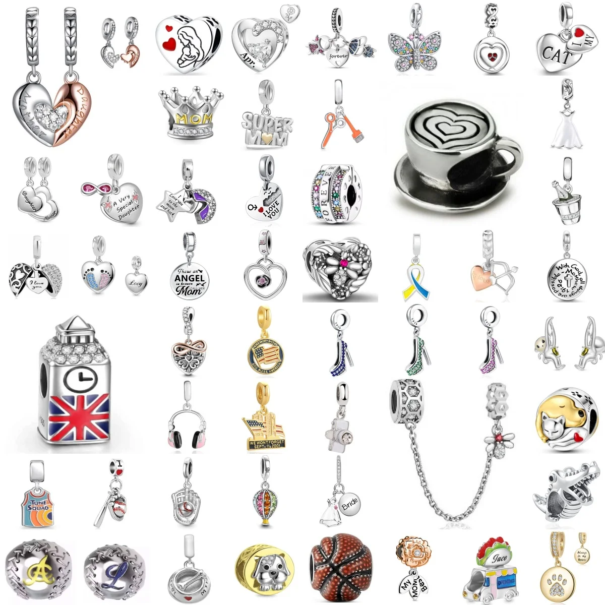 Mother's Day 925 Silver I LOVE YOU MOM Family Pendant, Suitable for European Original Bracelet DIY Exquisite Accessories