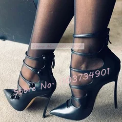 Pointy Toe Buttons Strappy Pumps Women Sexy Back Zipper Thin High Heel Shoes Ladies Party Elegant Fashion Patent Leather Pumps