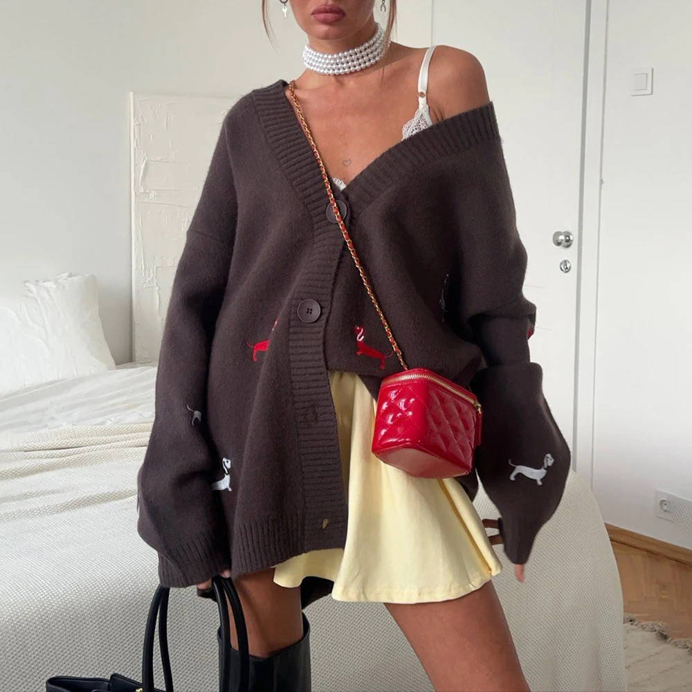 

Women's European American Spice Girl Style Wool Sweater Jacket Single-Breasted Dachshund Embroidered Loose Casual Fashion Top