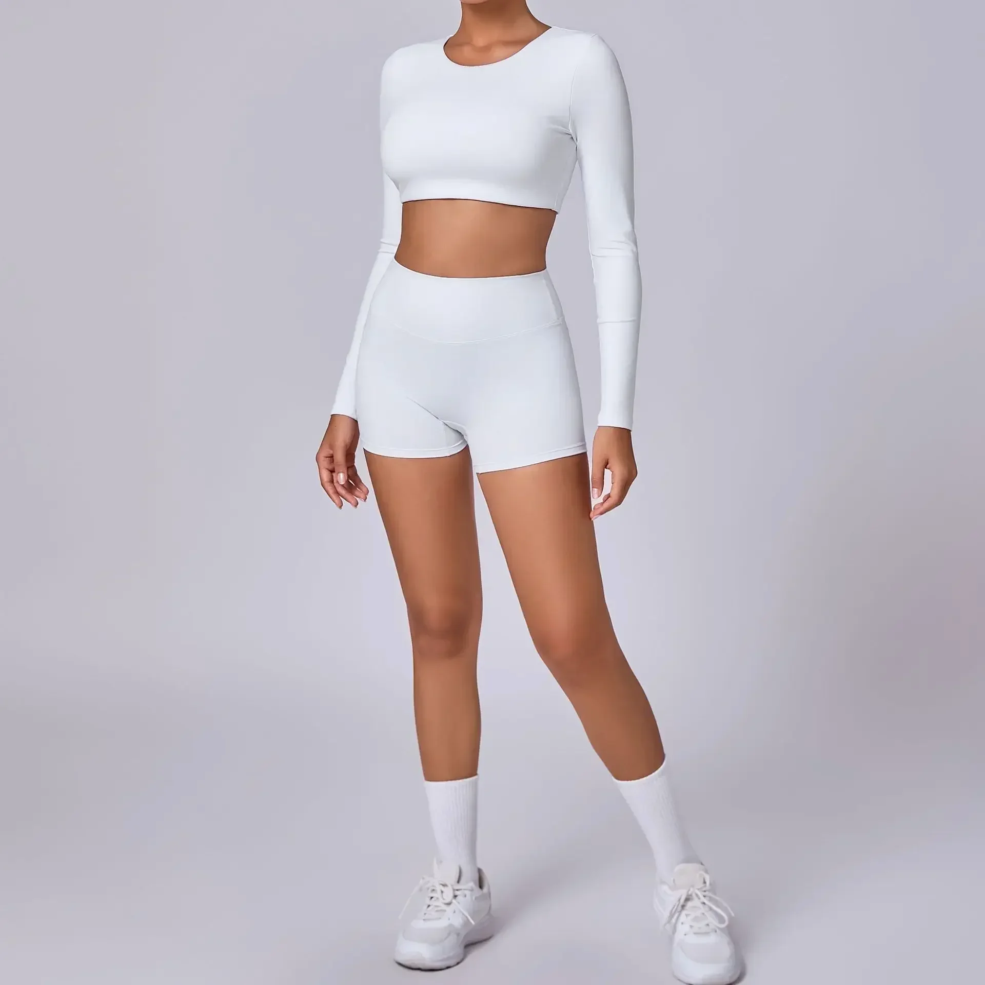 Conjuntos de Yoga sin costuras para mujer, pantalones cortos deportivos para Fitness, pantalones cortos para correr al aire libre, camisas de manga larga, trajes de entrenamiento, mallas de gimnasio