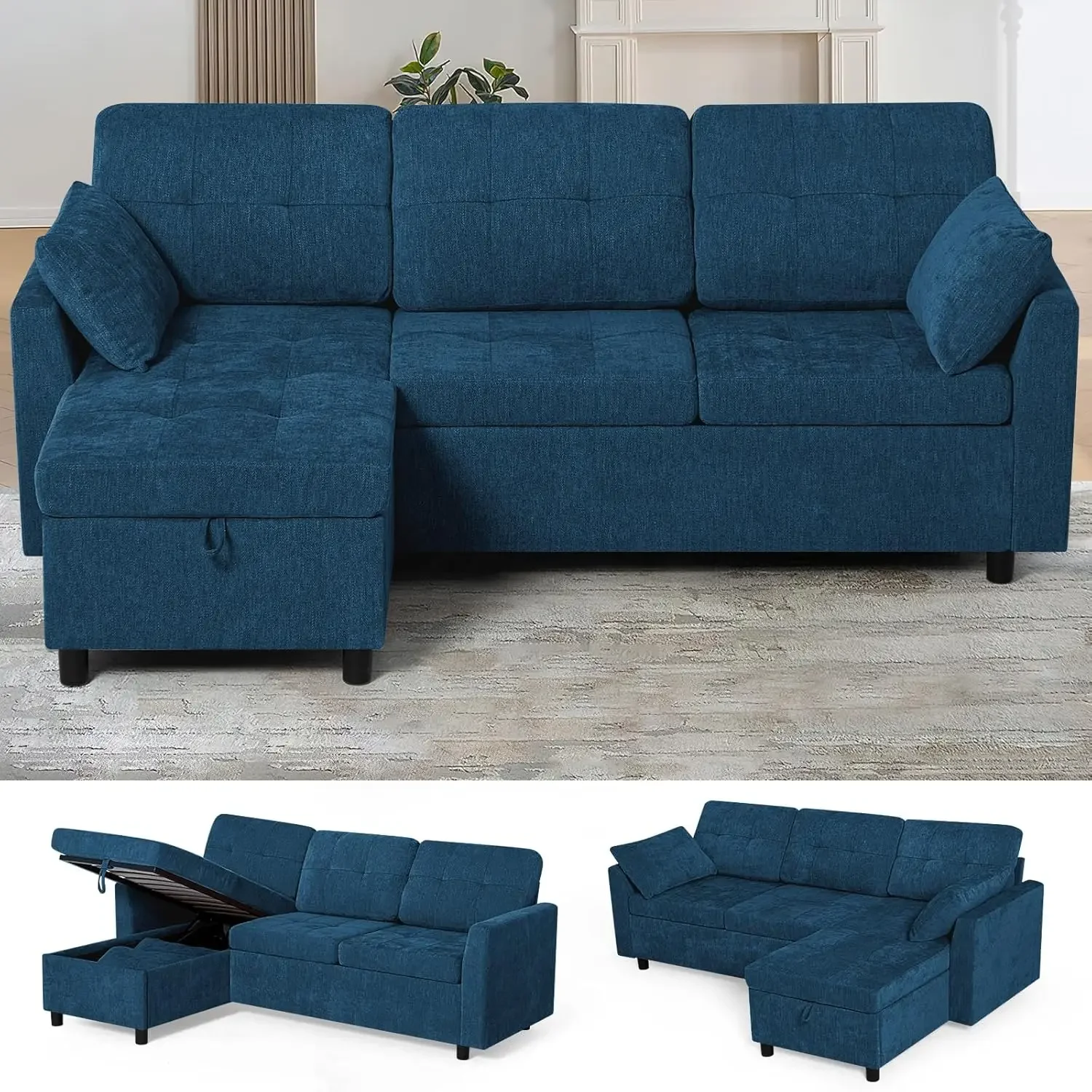

84 Convertible Sofa with Storage Chaise, L-Shaped Reversible Couch with 2 Pillows