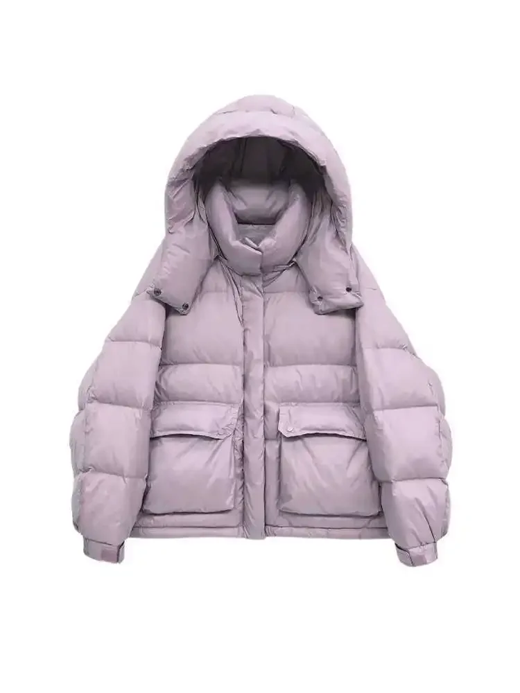 2023 Winter New Fashion White Duck Down Short Jacket Parkas Women Luxury Thick Warm Loose Hooded Puffer Coat Outwear