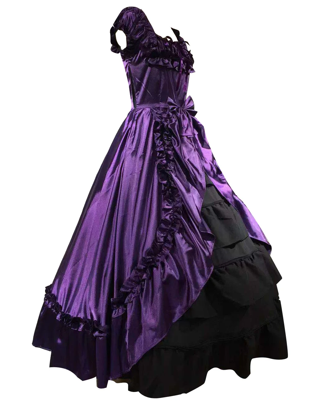 Vintage Costume Dress Women's Victorian Purple Satin Ruffle Retro Maxi Dress Halloween