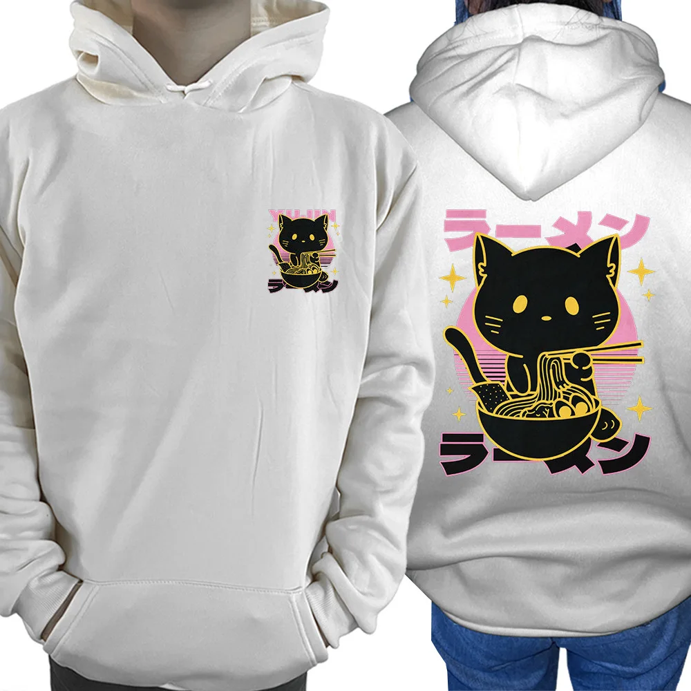 Cats Eating Lamian Noodles Cartoon Image Youth Fashion Matching Street Style Sports Women Clothing Casual Hoodie