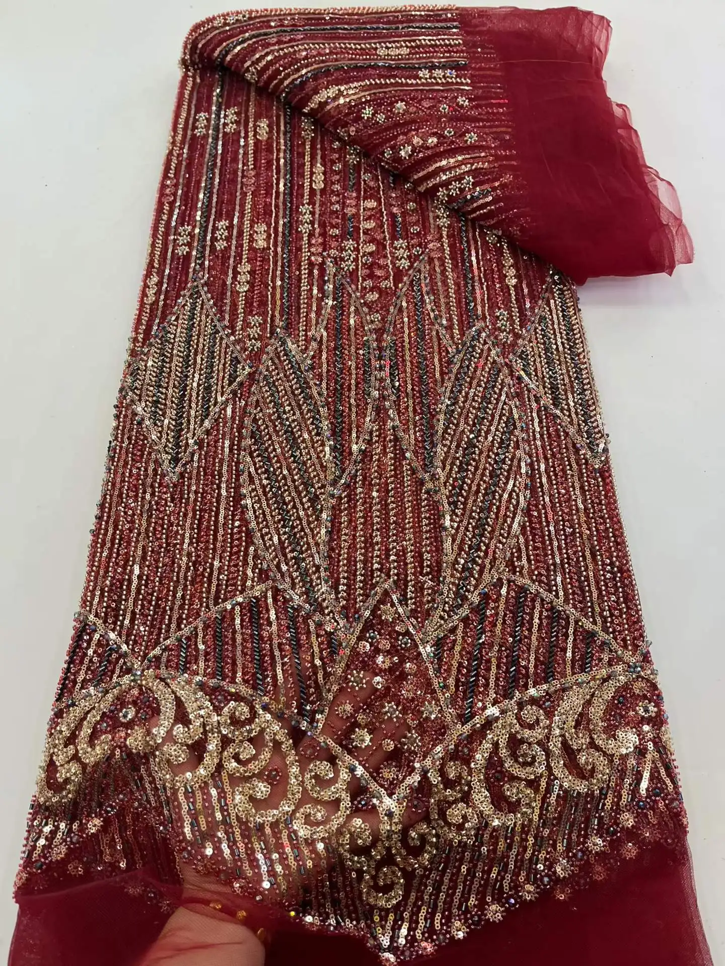 

2026 High-Quality African Nigerian Embroidered Lace Tulle Fabric Guipure Sequins Wedding Dress& Bridal Gown Net Cloth 5 Yards.