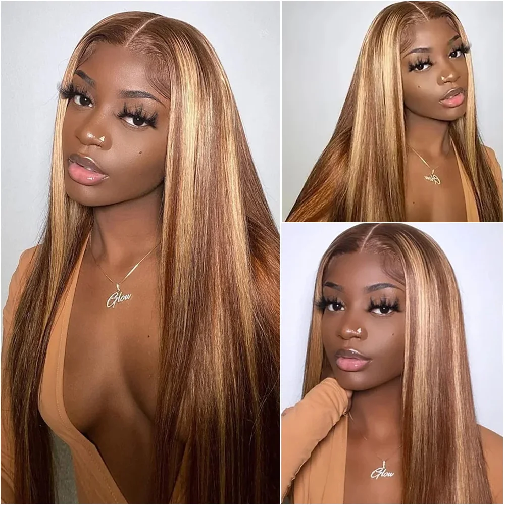 P4/27 Highlight 200Density 13x6 Bone Straight Lace Front Human Hair Wig Honey Blonde Colored 13x4 HD Lace Frontal Brazilian Wigs - view 4