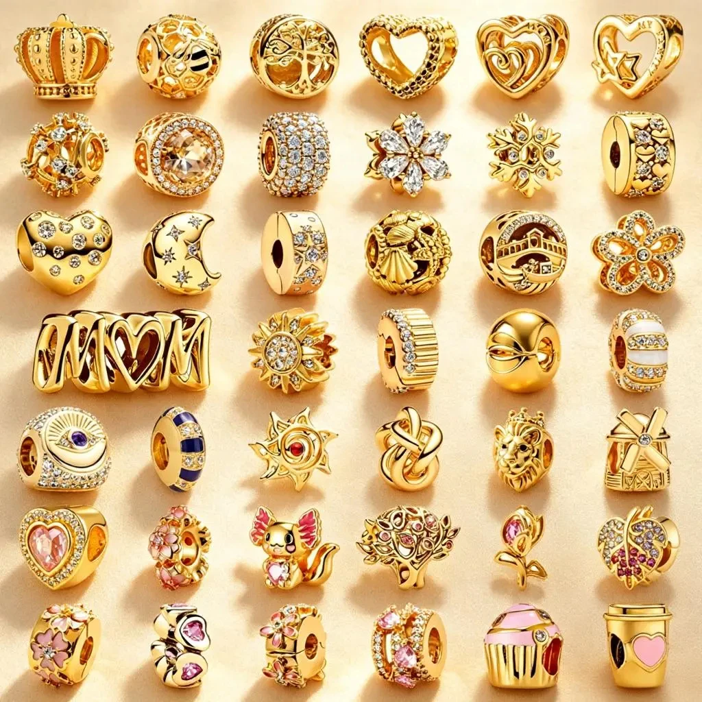 Image of 2026 Goldene Charms DIY Schmuckgeschenke Funkelnde Schneeflocke Mond Sonne Schmetterling Rosa Blume Herzen Clip-Perlen Passend für Original-Armbänder