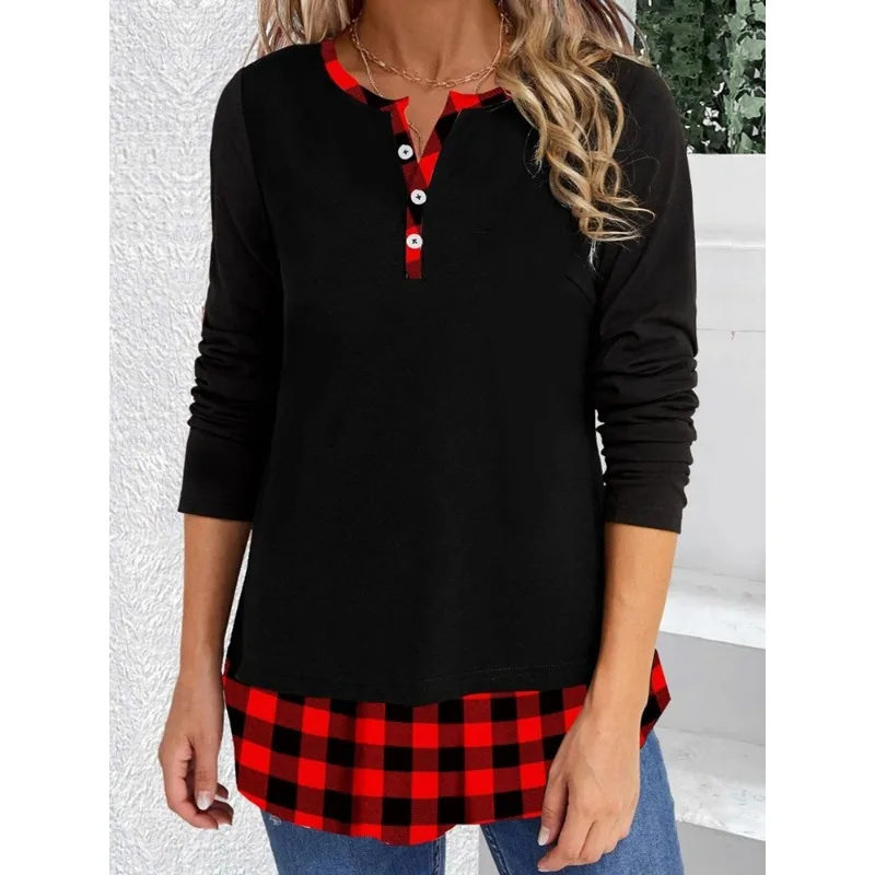 Women\'s 1XL-5XL Plus Size Color Matching Plaid Print Long Sleeve Round Neck T-shirt New Casual Round Neck Button T-shirt Top